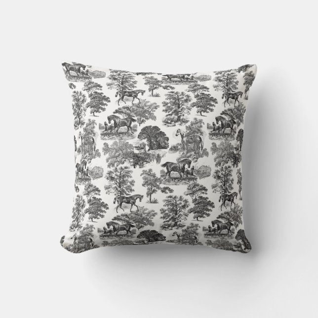 Elegant Black White Rustic Horses Toile Cushion (Front)