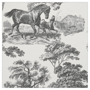 Elegant Black White Rustic Horses Toile Fabric
