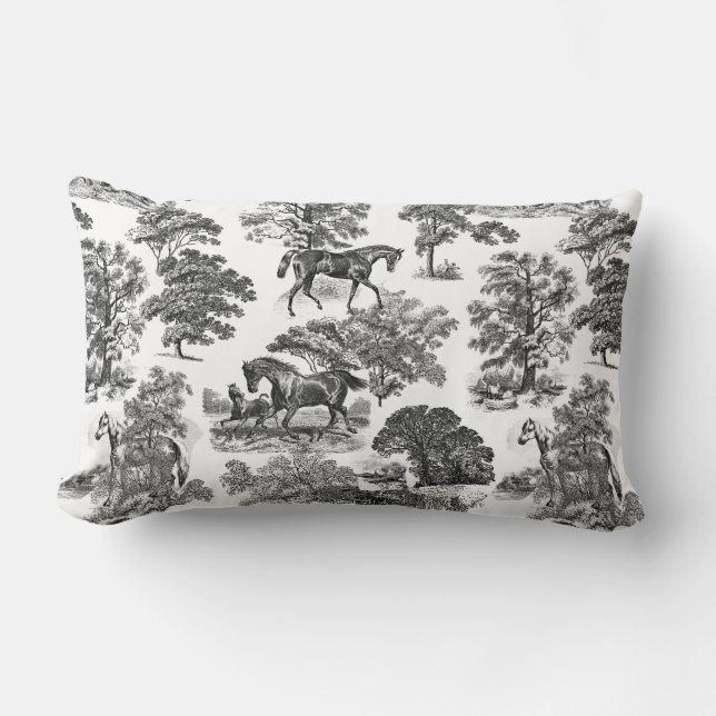 Elegant Black White Rustic Horses Toile Lumbar Cushion (Front)