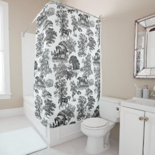 Elegant Black White Rustic Horses Toile Shower Curtain