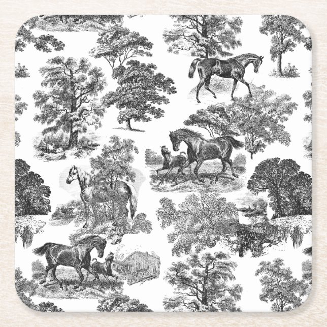 Elegant Black White Rustic Horses Toile  Square Paper Coaster (Front)