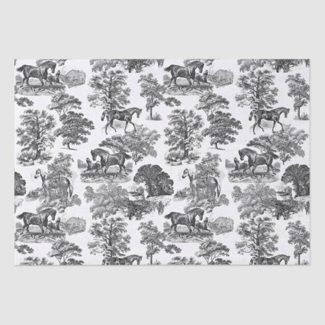 Elegant Black White Rustic Horses Toile Tissue Paper (Front)