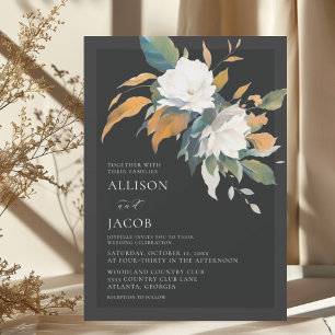 Elegant Black White Sage Green Floral Wedding Invitation