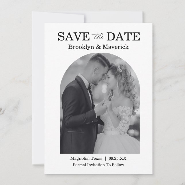 Elegant Black & White Save The Date Photo (Front)