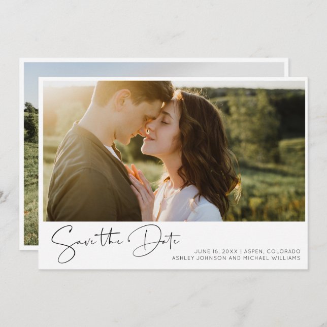 Elegant Black & White Script 2 Photo Save the Date Invitation (Front/Back)