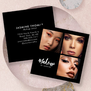 Elegant Black White Script 3 Photo Makeup Square Business Card