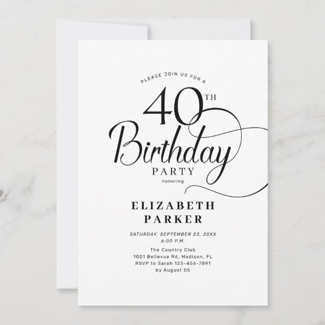 Elegant Black White Script 40th Birthday Invitation (Front)