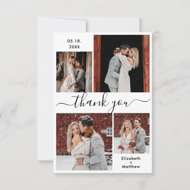 Elegant Black White Script 4 Photo Collage Wedding Thank You Card (Front)