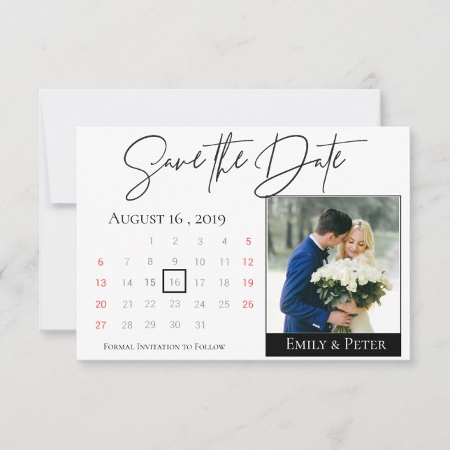 Elegant Black White Script Calendar Wedding Photo Save The Date (Front)