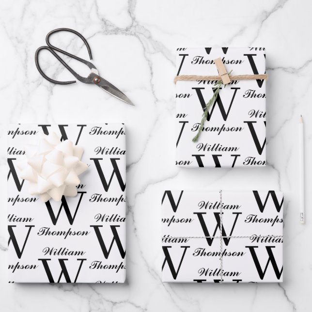 Elegant Black & White Script Calligraphy Monogram Wrapping Paper Sheet (Front)