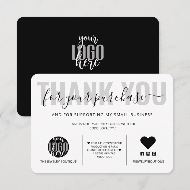 Elegant Black White Script Logo Customer Thank You (Front/Back)