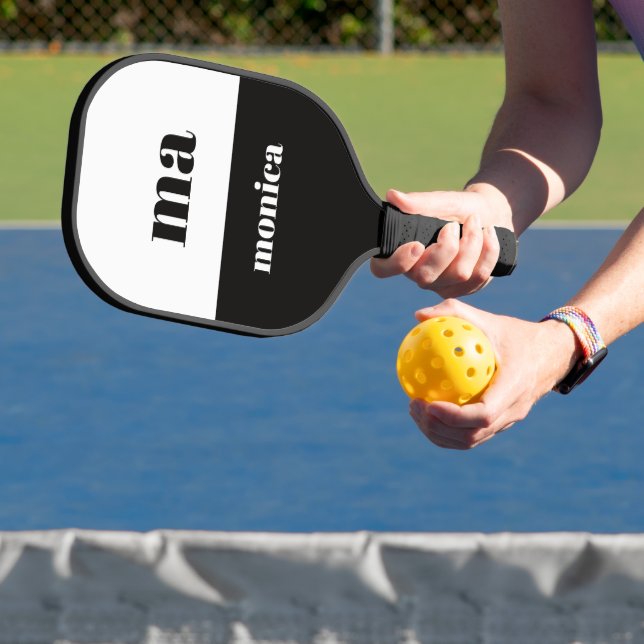 elegant black &white script monogram initial  pickleball paddle (Insitu)