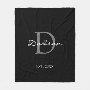 Elegant Black White Script Monogram Name Fleece Blanket