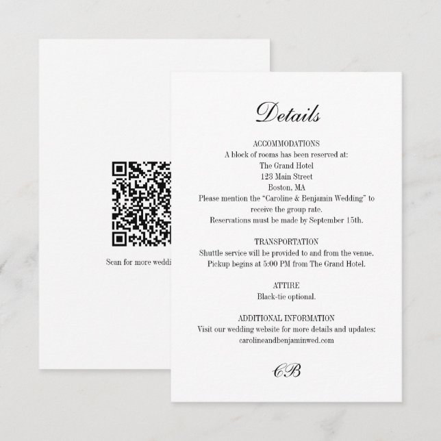 Elegant Black White Script Monogram QR Wedding Enclosure Card (Front/Back)