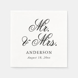 Elegant Black White Script Mr & Mrs Wedding Napkin