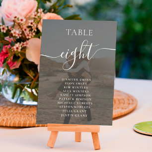 Elegant black white script names photos wedding table number