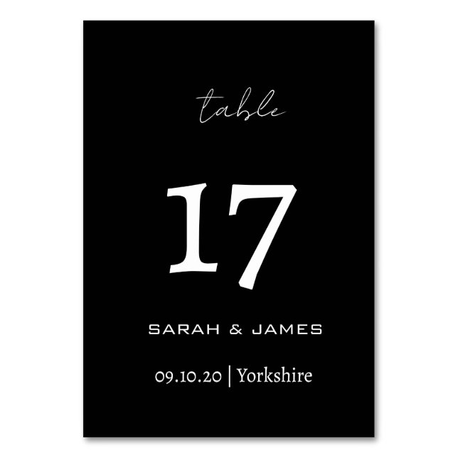 Elegant Black & White Script Personalised   Table Number (Front)