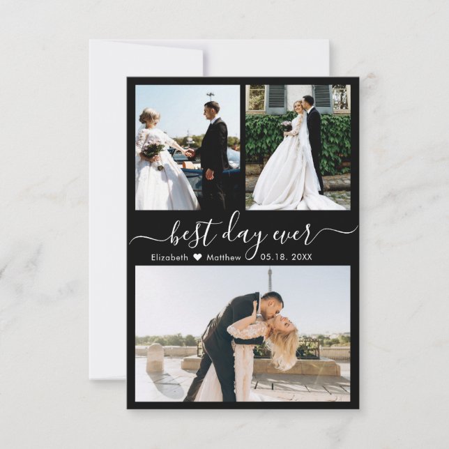 Elegant Black White Script Photo Collage Wedding Thank You Card (Front)