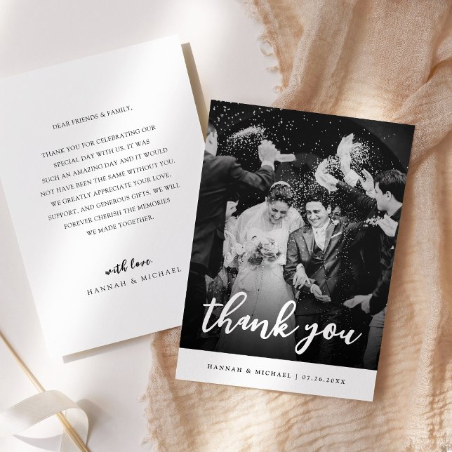 Elegant Black & White Script Photo Wedding Thank You Card (Creator Uploaded)
