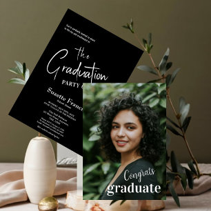 Elegant Black White Script Typography Graduation Invitation