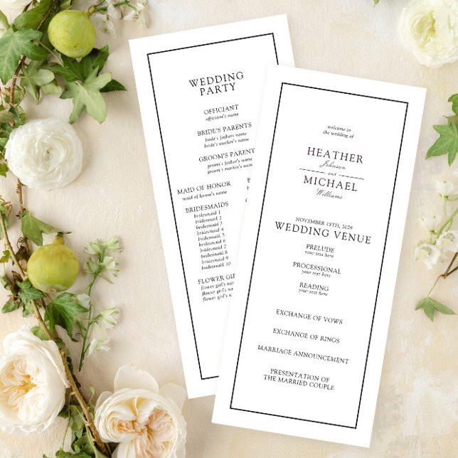 Elegant Black & White Script Typography Wedding Programme (Easily create a wedding program to match your formal invitation suite!)