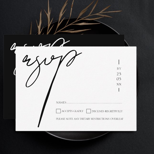 Elegant Black White Script Typography Wedding RSVP Card (Creator Uploaded)