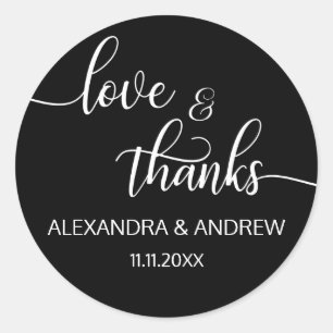 Elegant Black White Script Wedding Love & Thanks Classic Round Sticker