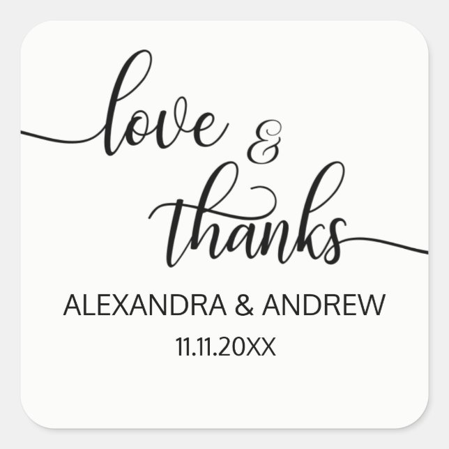 Elegant Black White Script Wedding Love & Thanks Square Sticker (Front)