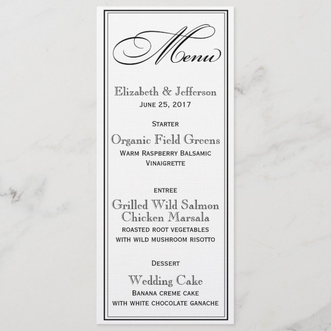Elegant Black & White Script Wedding Menu Card (Front)