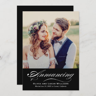 Elegant Black White Script Wedding Photo Reception Invitation