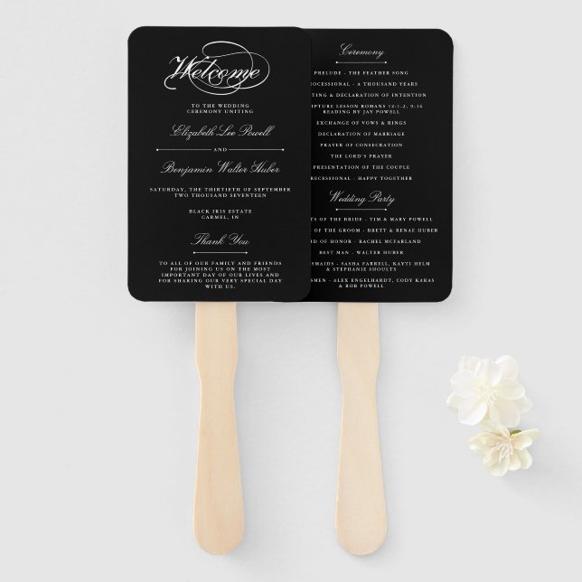 Elegant Black & White Script Wedding Program Hand Fan (Front and Back)