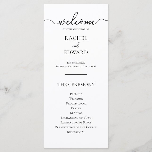 Elegant Black & White Script Wedding Programme (Front)