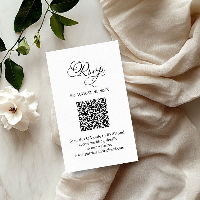 Elegant Black White Script Wedding QR RSVP Enclosure Card (Creator Uploaded)