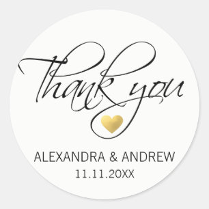 Elegant Black White Script Wedding Thank You Classic Round Sticker