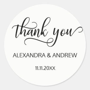 Elegant Black White Script Wedding Thank You Classic Round Sticker