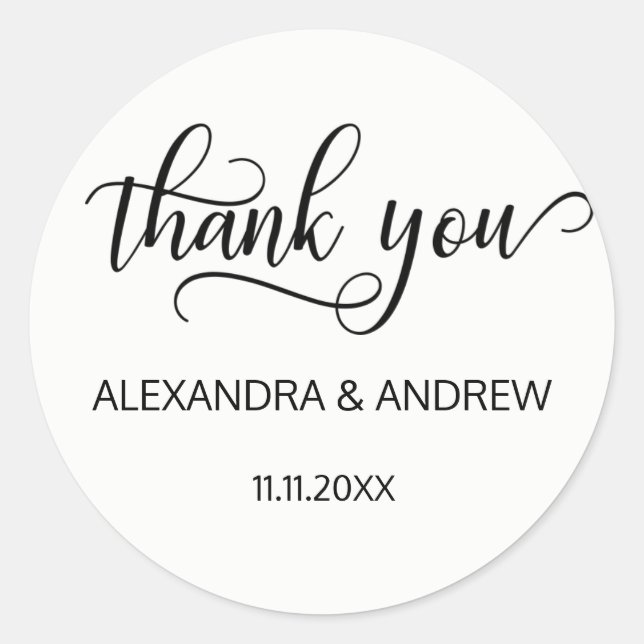 Elegant Black White Script Wedding Thank You Classic Round Sticker (Front)