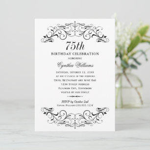 Elegant Black White Scrollwork Birthday Invitation
