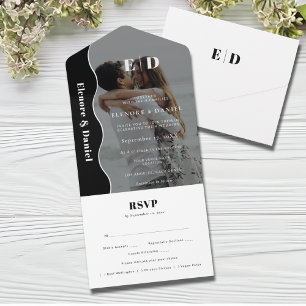 Elegant Black & White Side Wave RSVP Photo Wedding All In One Invitation