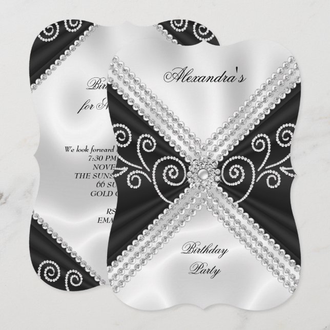 Elegant Black White Silk Jewel Birthday Party Invitation (Front/Back)