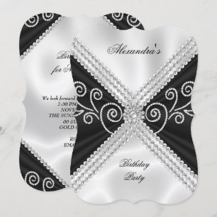 Elegant Black White Silk Jewel Birthday Party Invitation
