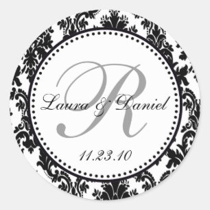 Elegant Black White Silver Damask Wedding Classic Round Sticker