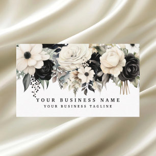 Elegant Black White Silver Flowers Business Cards