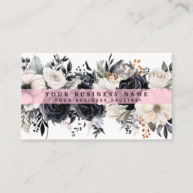 Elegant Black White Silver Flowers Business Cards (Front)