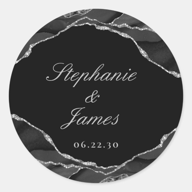 Elegant Black White Silver Foil Agate Wedding Classic Round Sticker (Front)