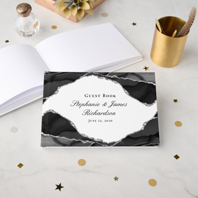 Elegant Black White Silver Foil Agate Wedding Guest Book (Front Open)
