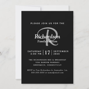 Elegant Black White Silver Monogram Family Reunion Invitation