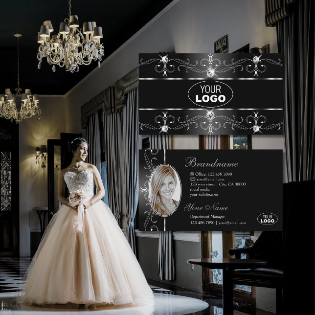 Elegant Black White Silver Ornate Border Logo Foto Business Card (Creator Uploaded)