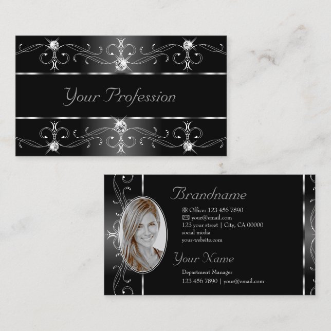 Elegant Black White Silver Ornate Borders Add Foto Business Card (Front/Back)