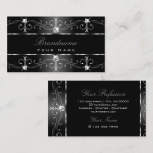 Elegant Black White Silver Ornate Borders Stylish Business Card