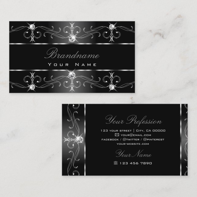 Elegant Black White Silver Ornate Borders Stylish Business Card (Front/Back)